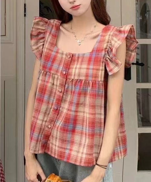 AsheKsha tシャツ チェック柄 スクエアネックフリルノースリーブ