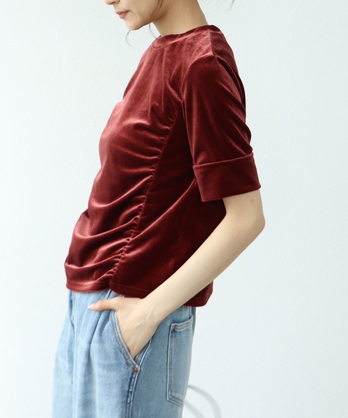 tシャツ ベロアギャザー半袖ブラウス レディース