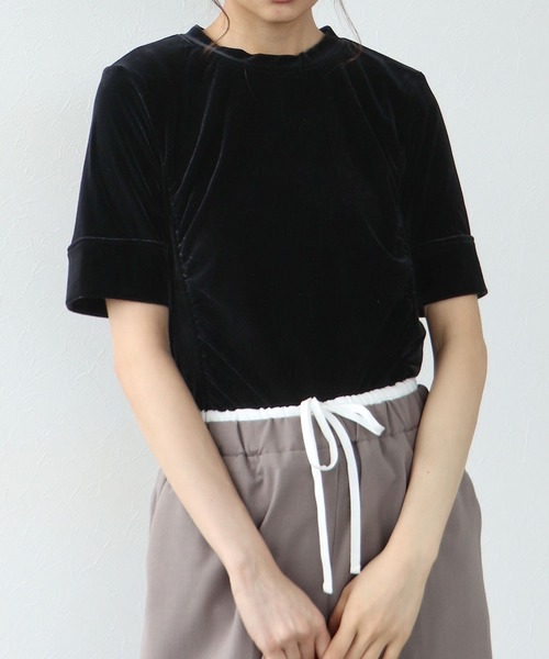 tシャツ ベロアギャザー半袖ブラウス レディース TITE IN THE STORE tシャツ ベロアギャザー半袖ブラウス