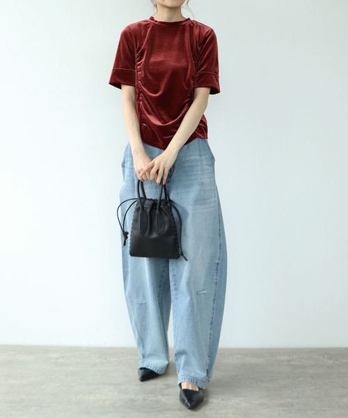 tシャツ ベロアギャザー半袖ブラウス レディース TITE IN THE STORE tシャツ ベロアギャザー半袖ブラウス