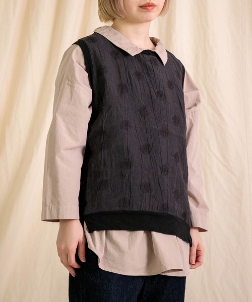 prit 綿ベスト prit ベスト ジレ 「prit」 綿麻ムラ糸天竺×リネンガーベラ刺繍