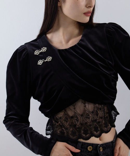 tシャツ 「tanakadaisuke/タナカダイスケ」gather neck velour tops/ギャザーネックベロアトップス レディース
