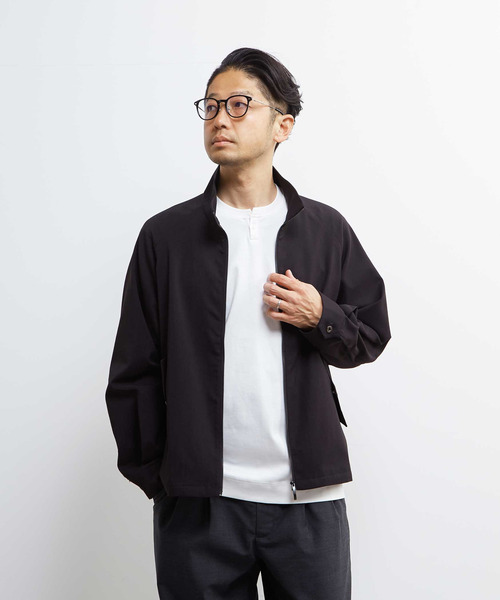 レザー ハリントンジャケット ブラック MEN'S MELROSE ブルゾン アウター テクスチャーリネンストレッチ