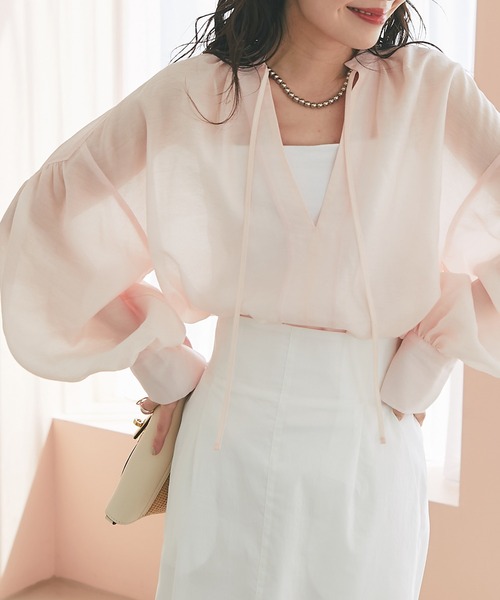 ブラウス シャツ リボンオフショルボリュームスリーブブラウス レディース La boutique Bonbon ブラウス シャツ 「ふんわり透け感が美しい