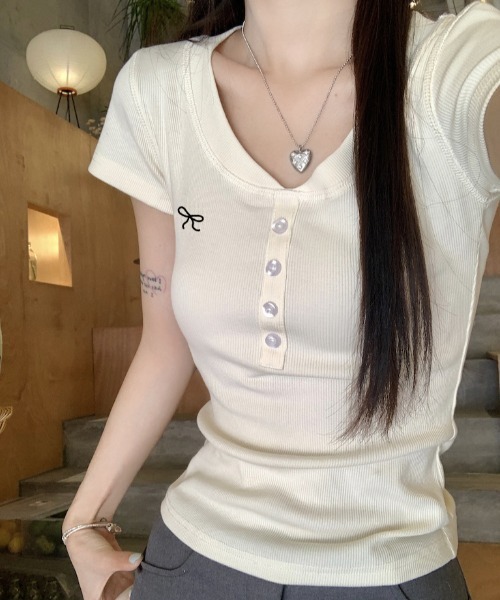 tシャツ 半袖 ワンポイント リボン刺繍 ヘンリーネック半袖Tシャツ