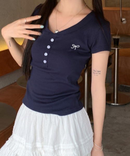 tシャツ ワンポイント リボン刺繍 ヘンリーネックTシャツ レディース