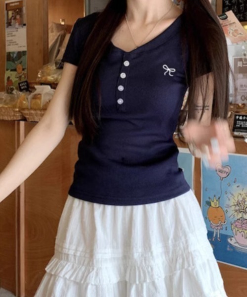 tシャツ ワンポイント リボン刺繍 ヘンリーネックTシャツ レディース