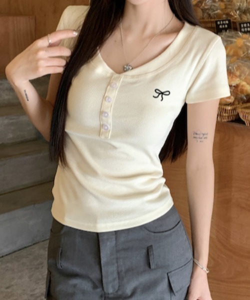 tシャツ 半袖 ワンポイント リボン刺繍 ヘンリーネック半袖Tシャツ