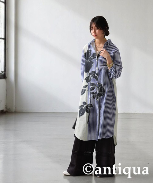 antiqua（アンティカ） シャツワンピース アシメボタニカルシャツ