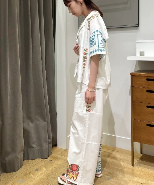 ROSE BUD パンツ FLOWER EMBROIDARY EASY PANTS レディース