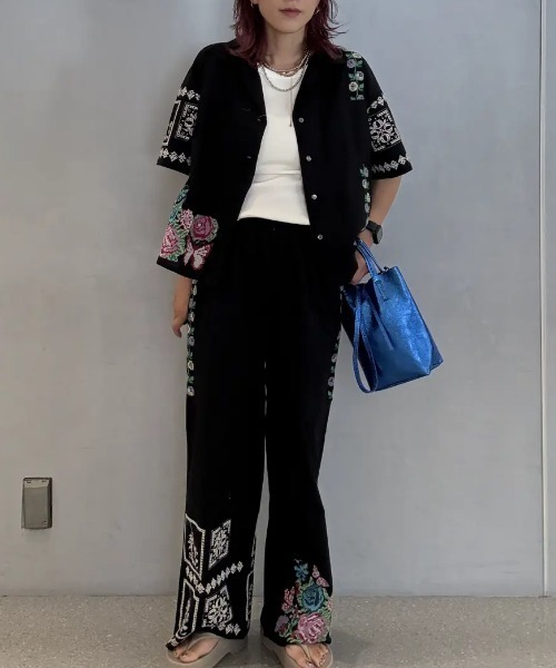 ROSE BUD パンツ FLOWER EMBROIDARY EASY PANTS レディース