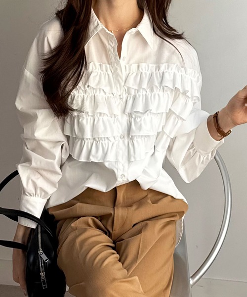 グレースクラス 25SS コサージュドレスシャツ ブラウス フリル 36 白 コサージュドレスシャツ / GRACE CONTINENTAL | GRACE CONTINENTAL