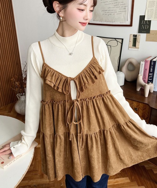 moment+ キャミソール ダブルリボンフリルティアードキャミソール