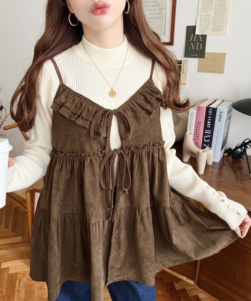 moment+ キャミソール ダブルリボンフリルティアードキャミソール