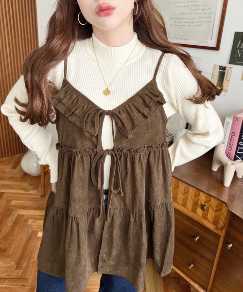 moment+ キャミソール ダブルリボンフリルティアードキャミソール