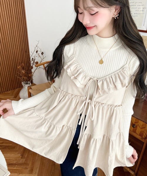 新品未使用タグ付き collab パッドinフリル 2wayキャミソール moment+ キャミソール ダブルリボンフリルティアードキャミソール