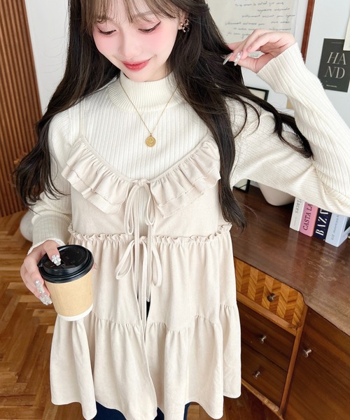 moment+ キャミソール ダブルリボンフリルティアードキャミソール