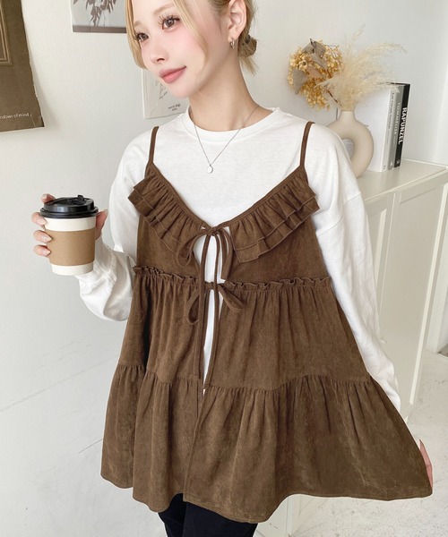 moment+ キャミソール ダブルリボンフリルティアードキャミソール