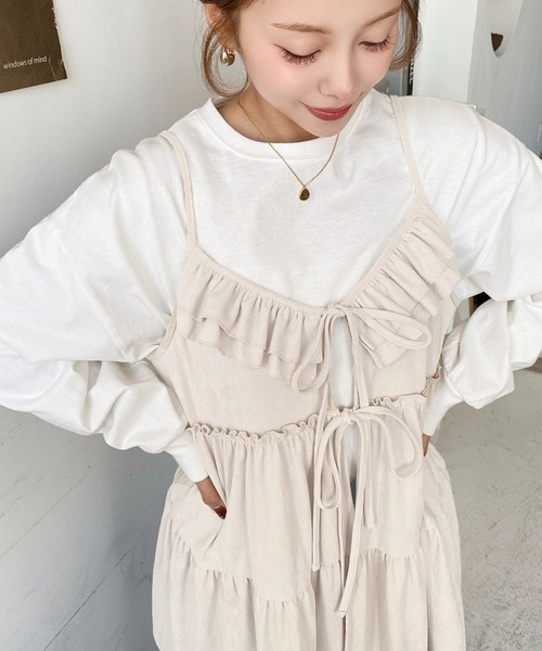 moment+ キャミソール ダブルリボンフリルティアードキャミソール