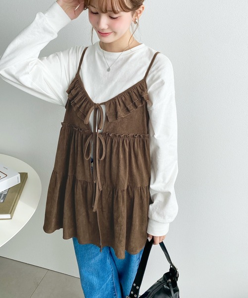 moment+ キャミソール ダブルリボンフリルティアードキャミソール