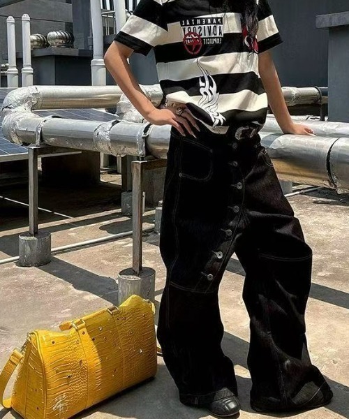 FreeZone ジーンズ アシンメトリーボタン ワイドレッグデニムパンツ