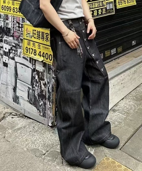 FreeZone ジーンズ アシンメトリーボタン ワイドレッグデニムパンツ