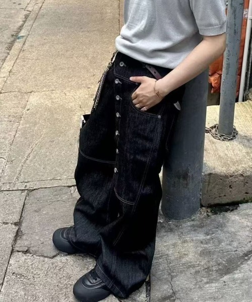 FreeZone ジーンズ アシンメトリーボタン ワイドレッグデニムパンツ