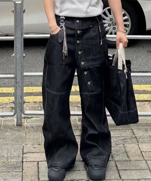 FreeZone ジーンズ アシンメトリーボタン ワイドレッグデニムパンツ