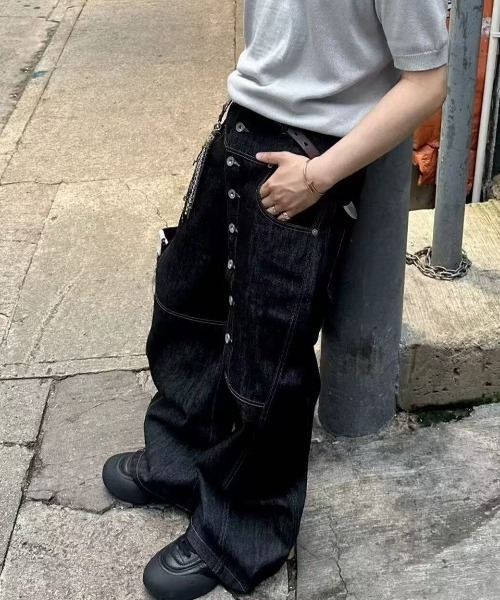 FreeZone ジーンズ アシンメトリーボタン ワイドレッグデニムパンツ