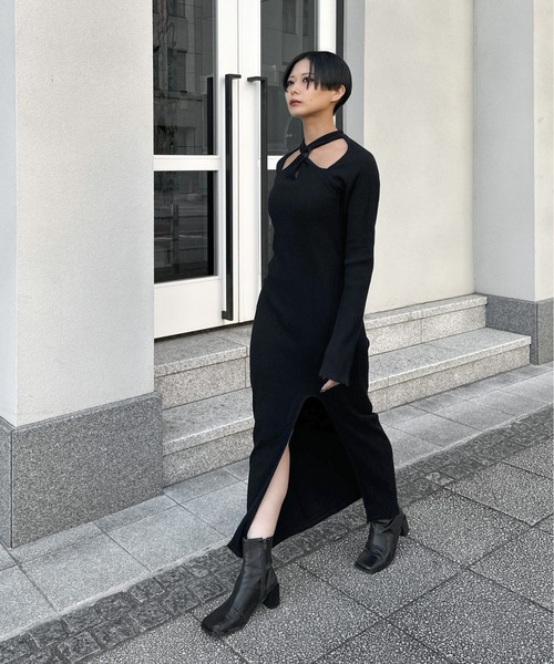 HARE メロウデザインリブワンピース　ギャザー　肩スリット　大人可愛い　Ｆ LVEU.（ラブユ） ワンピース 「LVEU.」クロスデザインリブワンピース