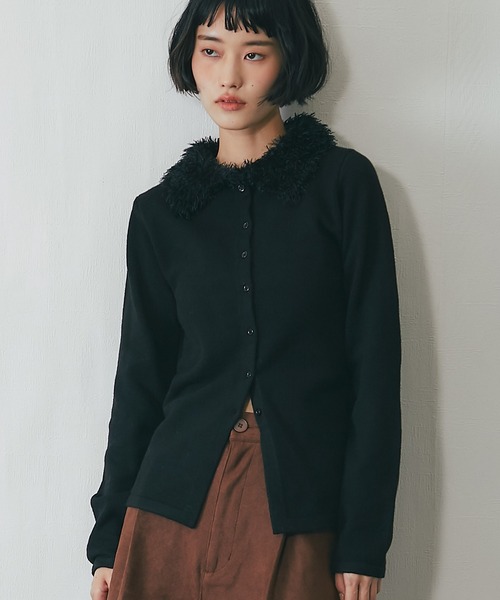 カーディガン ウールライクファー付き襟ニットカーディガン レディース
