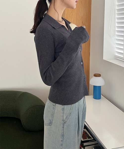 ニット セーター フレアスリーブ リブニットポロシャツ レディース