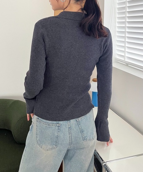 ニット セーター フレアスリーブ リブニットポロシャツ レディース