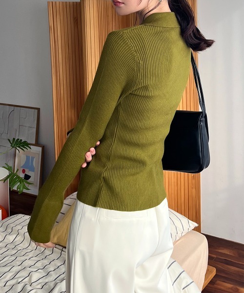 ニット セーター フレアスリーブ リブニットポロシャツ レディース