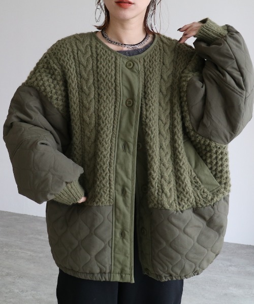 ブルゾン アウター ケーブルニット×キルティングボリュームブルゾン