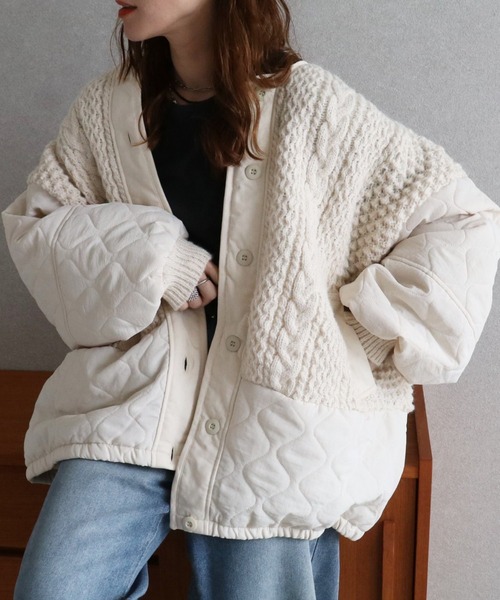 ブルゾン アウター ケーブルニット×キルティングボリュームブルゾン