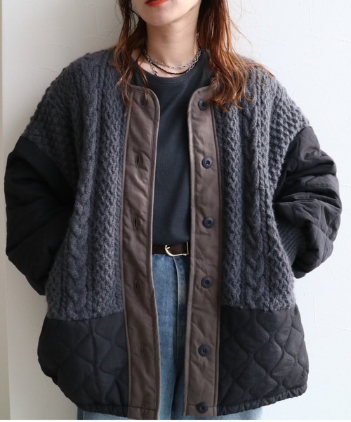 ブルゾン アウター ケーブルニット×キルティングボリュームブルゾン