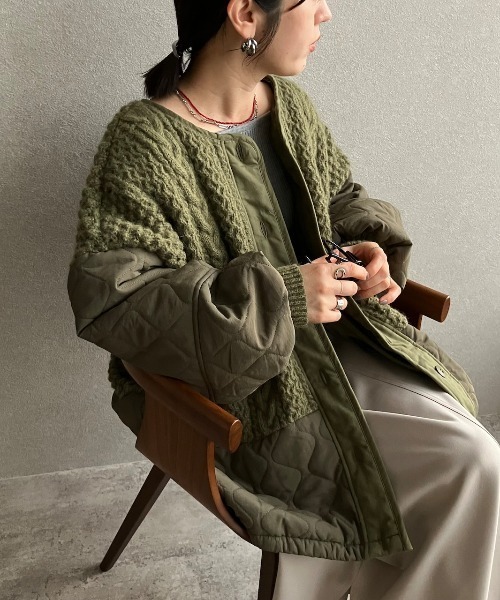 ブルゾン アウター ケーブルニット×キルティングボリュームブルゾン