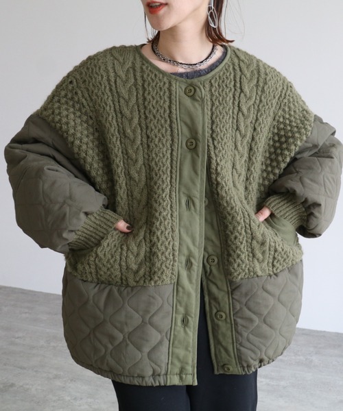ブルゾン アウター ケーブルニット×キルティングボリュームブルゾン