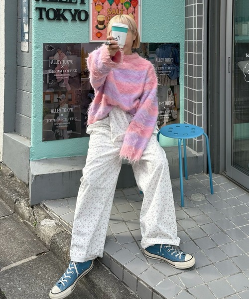 ビアズリー★大人かわいいボーダー柄♪ ゆったりニットチュニック シルク サイズF アイボリー系 z18744 BEARDSLEY（ビアズリー） tシャツ イニシャル入りボーダーチュニック