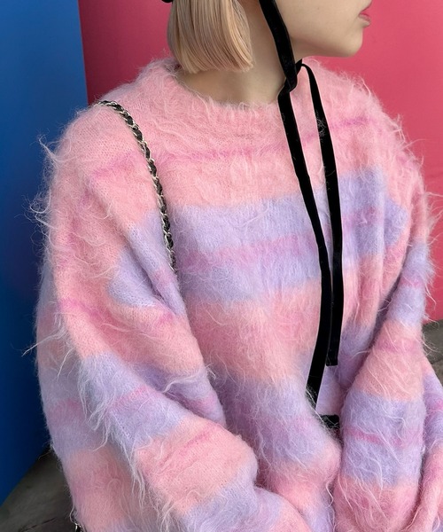 katie fluffy ボーダーニット ピンク Alley Tokyo ニット セーター ふっさふさシャギーボーダーニット