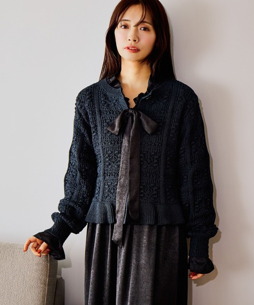 2019aw Ebonyivory ツートーンスカシ編み　コンパクトカーディガン mysty woman（ミスティウーマン） カーディガン スカシ編み柄