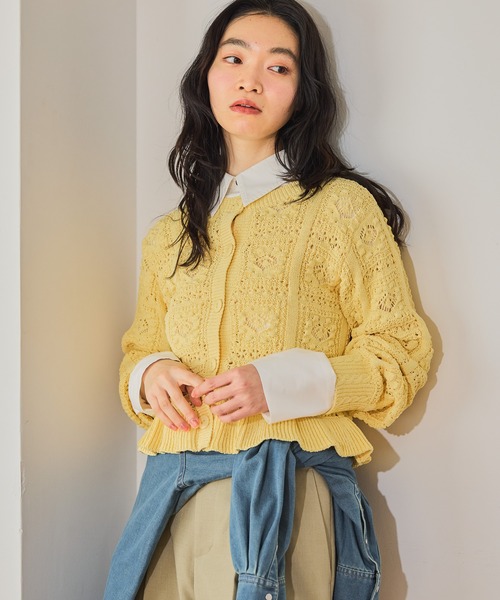 2019aw Ebonyivory ツートーンスカシ編み　コンパクトカーディガン mysty woman（ミスティウーマン） カーディガン スカシ編み柄