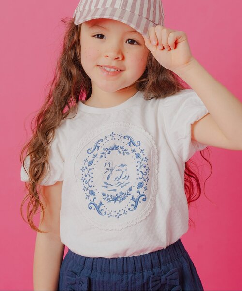 Boribon tシャツ スワン・フラワープリントモチーフTシャツ キッズ