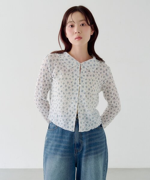 ■美品 LANVIN COLLECTION フラワーレース 襟付きカーディガン Kastane（カスタネ） カーディガン レースフラワー襟付きカーディガン