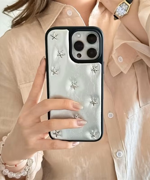 スマホケース 星のスタッズ フェイクレザー iPhone ケース 13/14.15