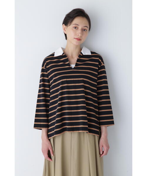 human woman tシャツ ハイゲージボーダー襟付カットソー