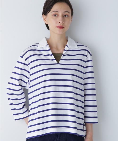 tシャツ ハイカウントボーダー カットソー レディース human woman tシャツ ハイゲージボーダー襟付カットソー