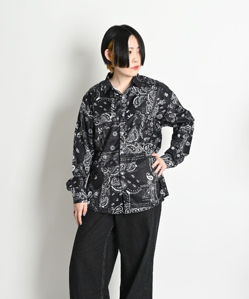 総柄シャツ ペイズリー 長袖ブラウス モード ルーズ 韓国 m6539 marai ブラウス シャツ ペイズリー柄 長袖総柄シャツ レギュラー