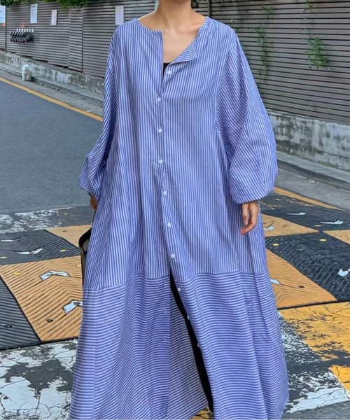 ストライプ柄 ノーカラーシャツワンピース ワンピース オーバーサイズストライプノーカラーシャツワンピース
